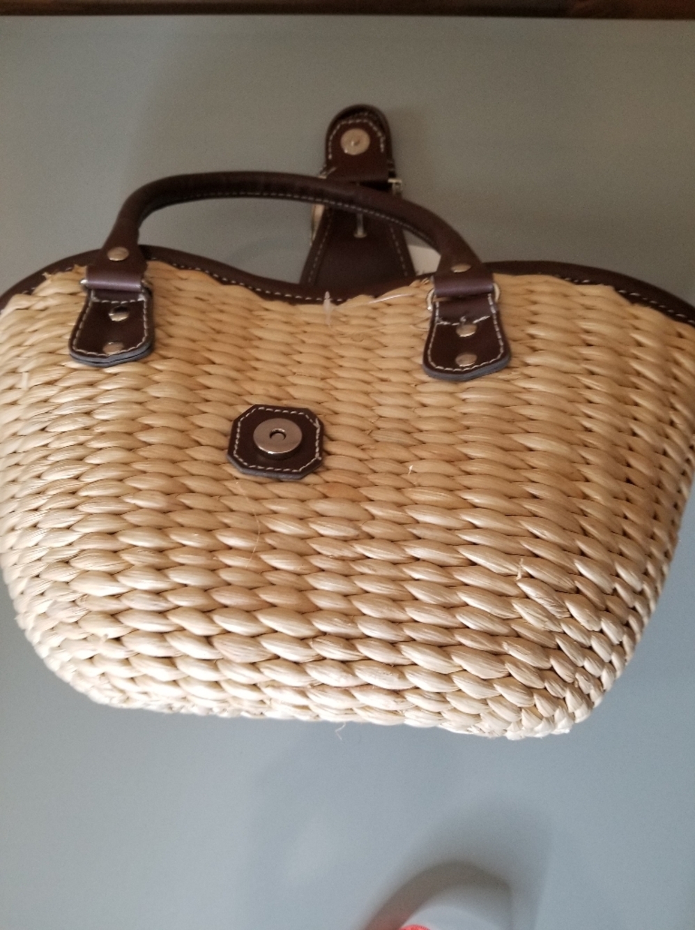 Marshall Fields Vtg Weaved Wicker Basket Bag Tan Brown Handles Bucket Purse - Picture 11 of 14